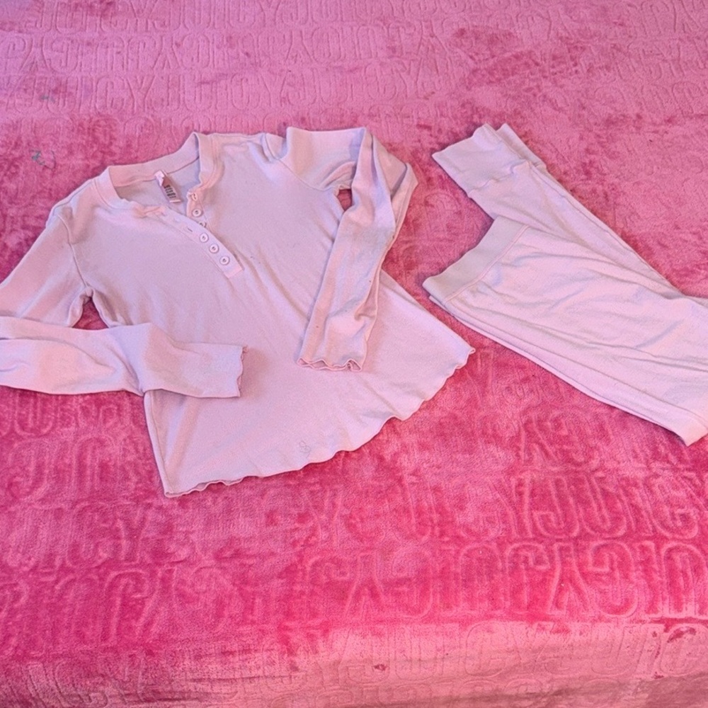 SKIMS Light Pink Ribbed Long Sleeve Top and Pants Pajama Set